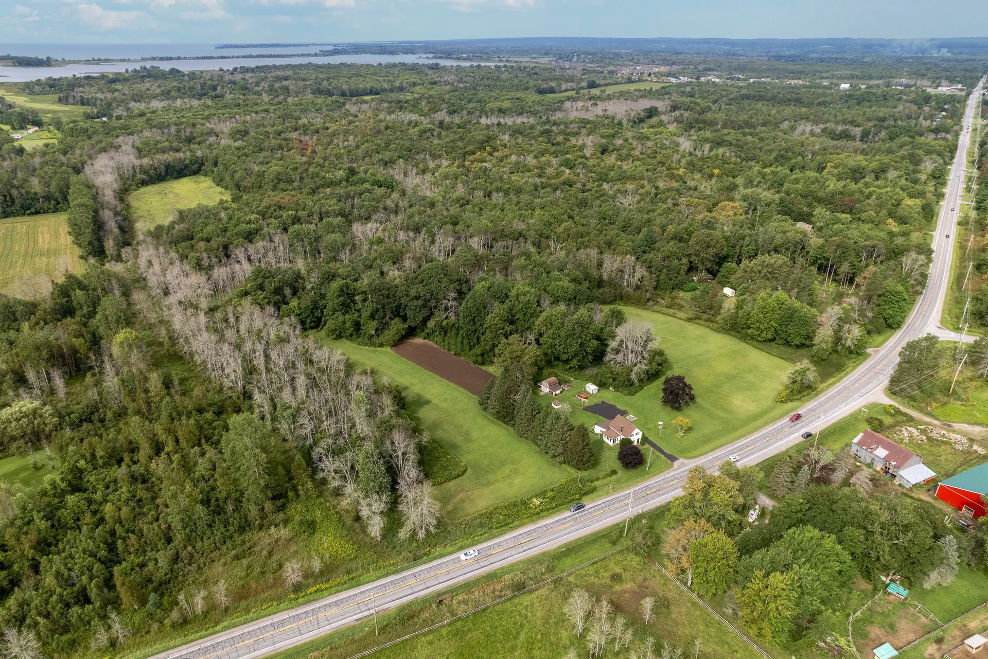 Drone view of farm lane and property boundaries, Carrying Place PEC