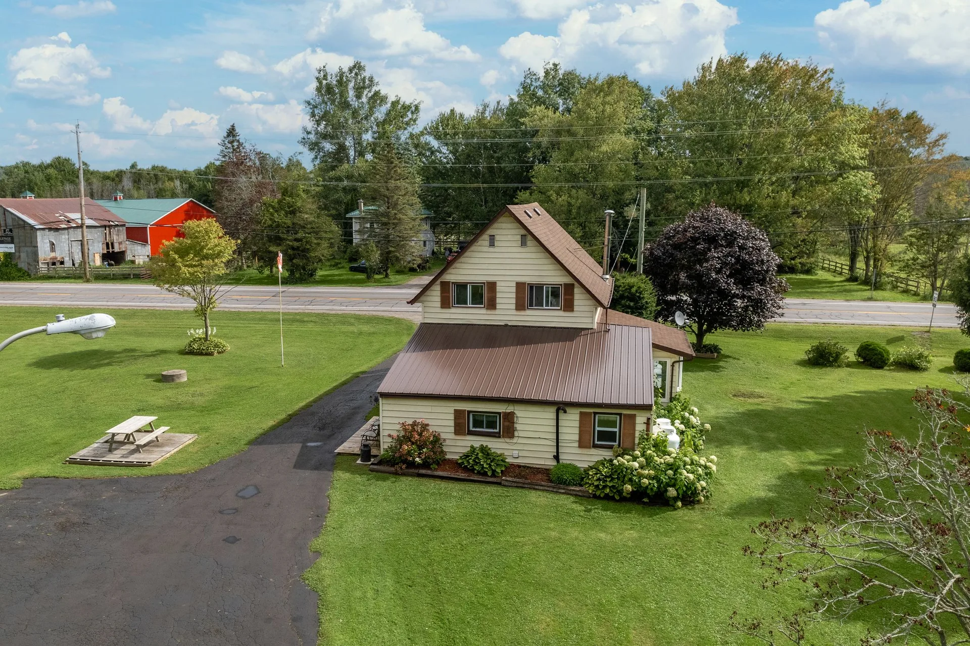Aerial view of farm lane and mature tree canopy, Carrying Place PEC