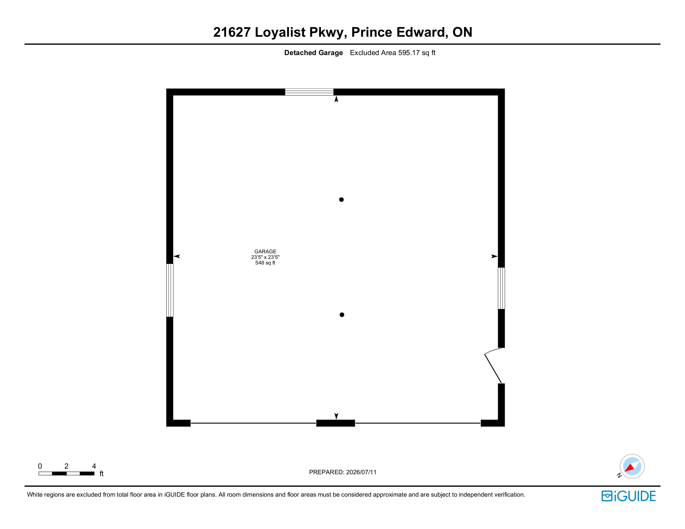 Floor plan of the detached two-car garage and workshop at 21627 Loyalist Parkway, measuring 23 feet 5 inches by 23 feet 5 inches
