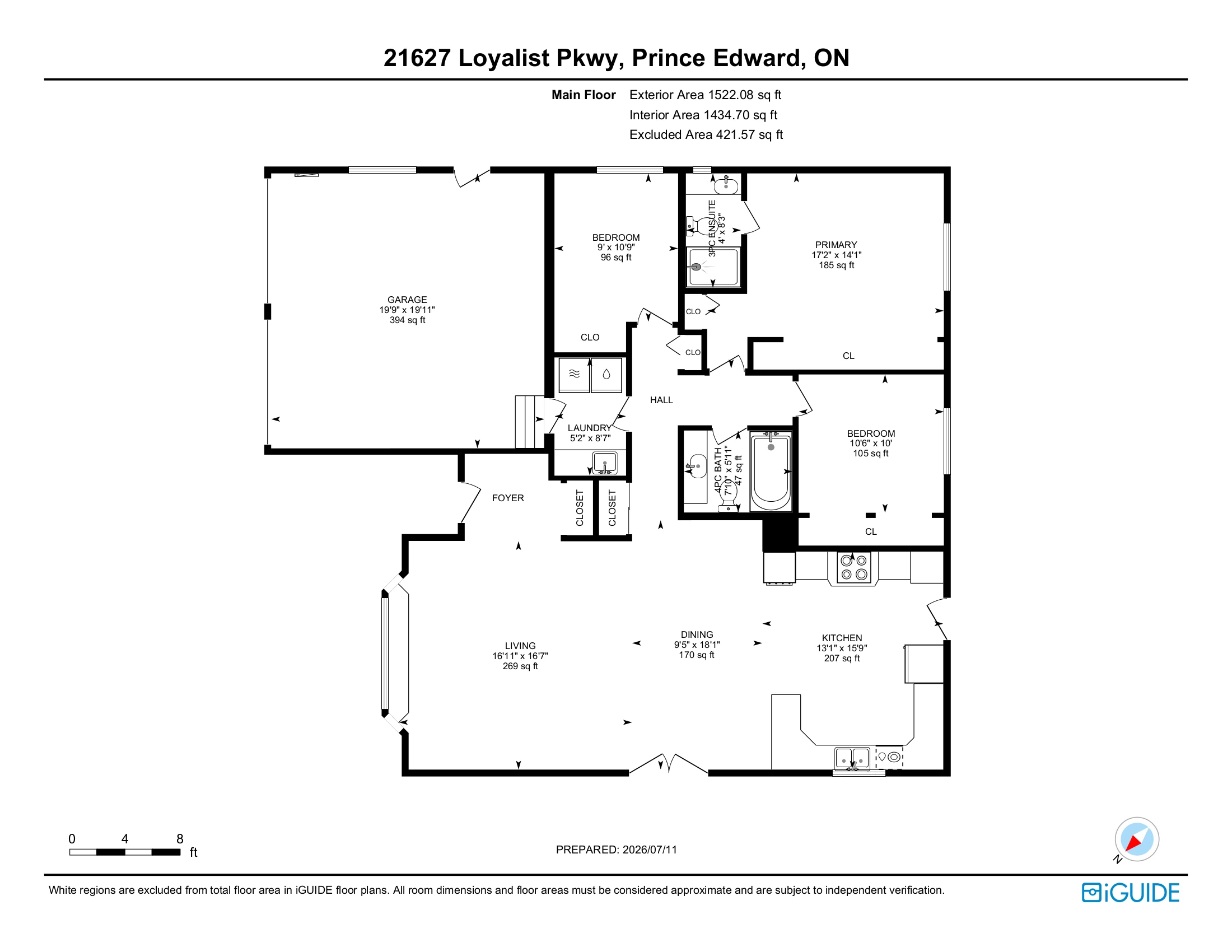 Main floor plan of 21627 Loyalist Parkway showing three bedrooms, kitchen, living and dining areas, two full bathrooms, laundry, and attached two-car garage, with room dimensions in feet