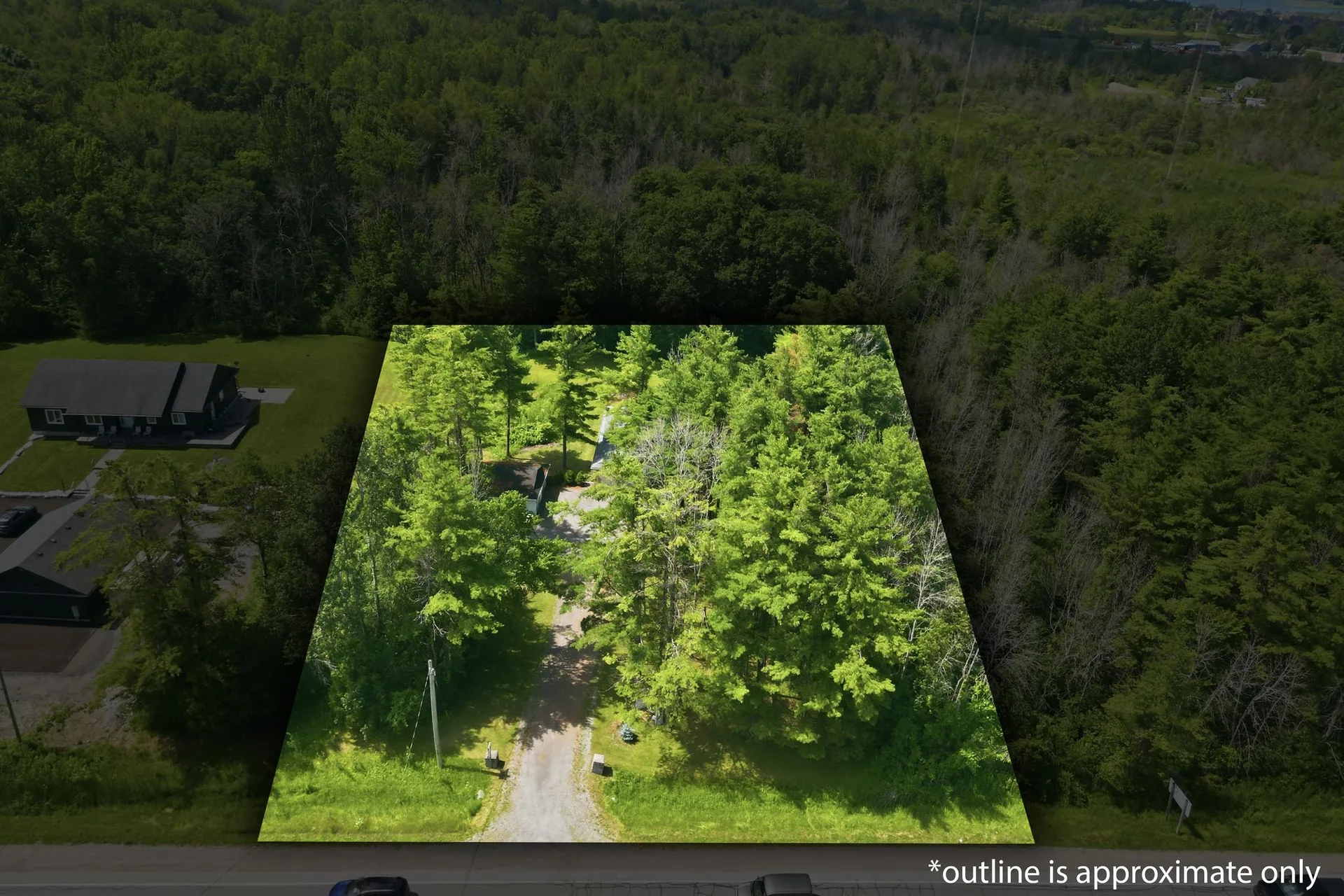Aerial view of the private treed 1.5-acre lot at 21627 Loyalist Parkway, Prince Edward County