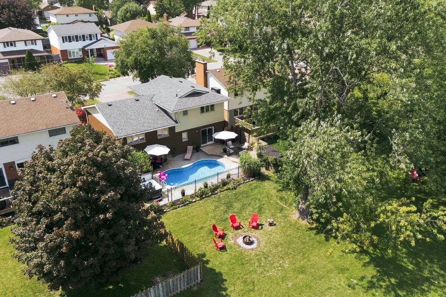 Aerial - Rear and Firepit — 36 Kensington Crescent, Belleville