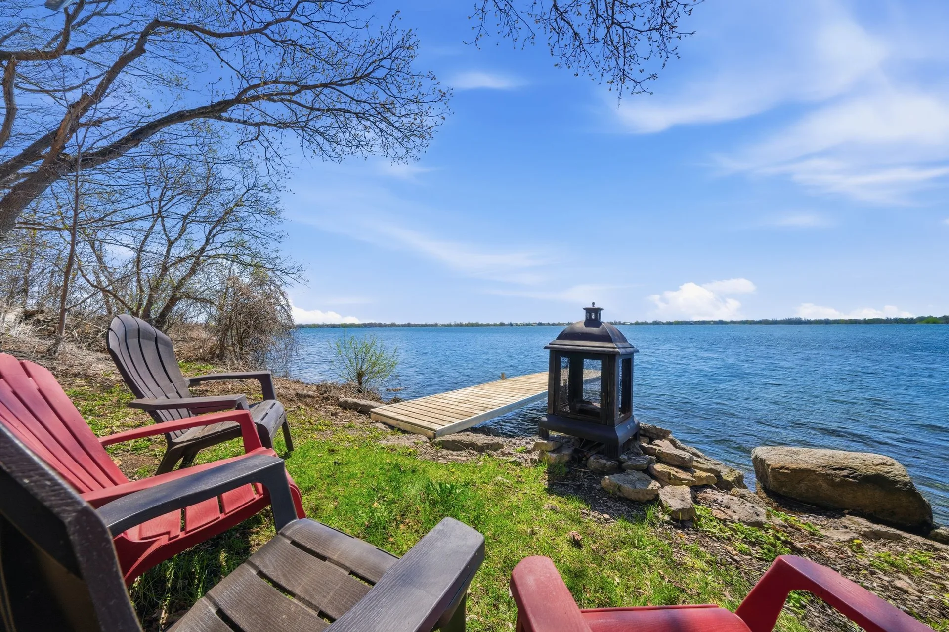 Waterfront sitting area with dock and South Bay views, 86 Colliers Road, PEC
