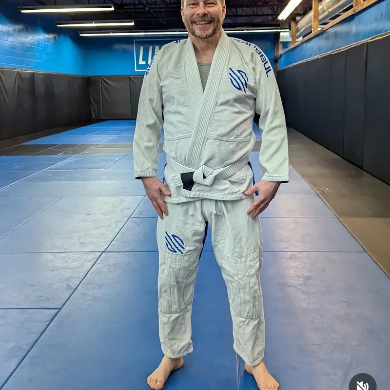 Jake Bergeron in a Brazilian jiu-jitsu gi at the training facility