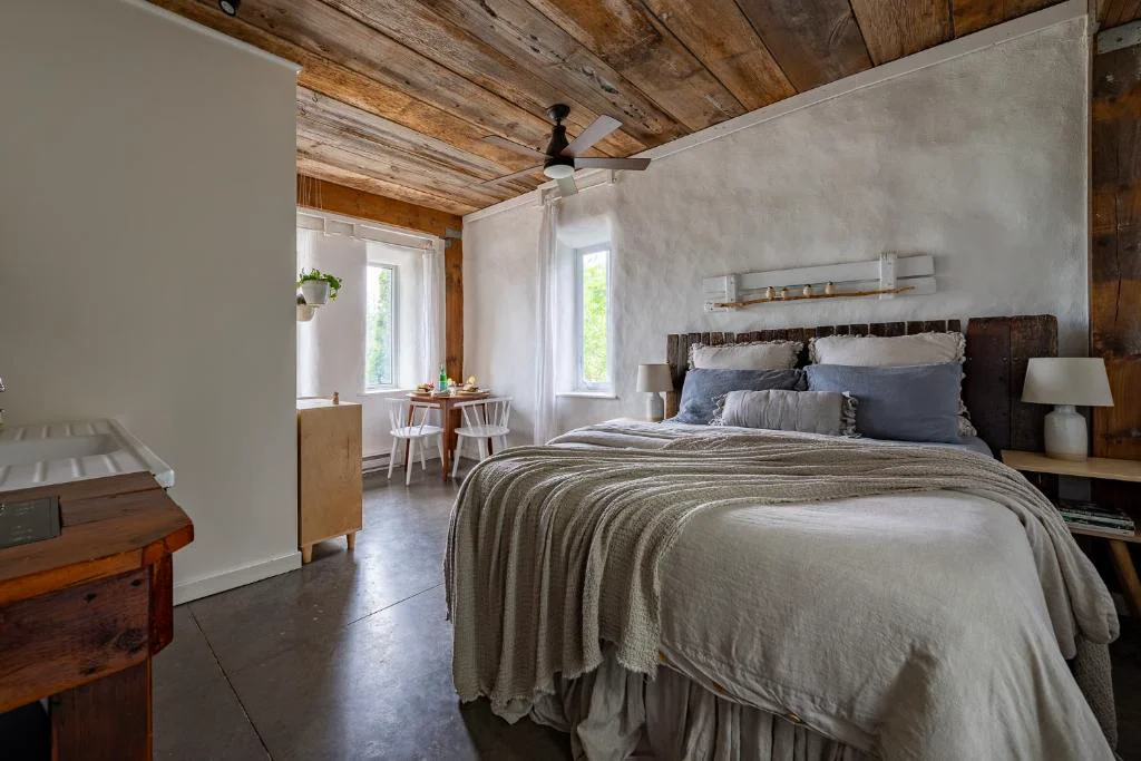 Inside Jake's short-term accommodation on his straw bale homestead in Prince Edward County